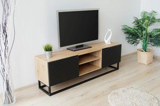 TV stolík Loftia Mini 160 cm na kovovom podstavci - dub artisan / čierny mat